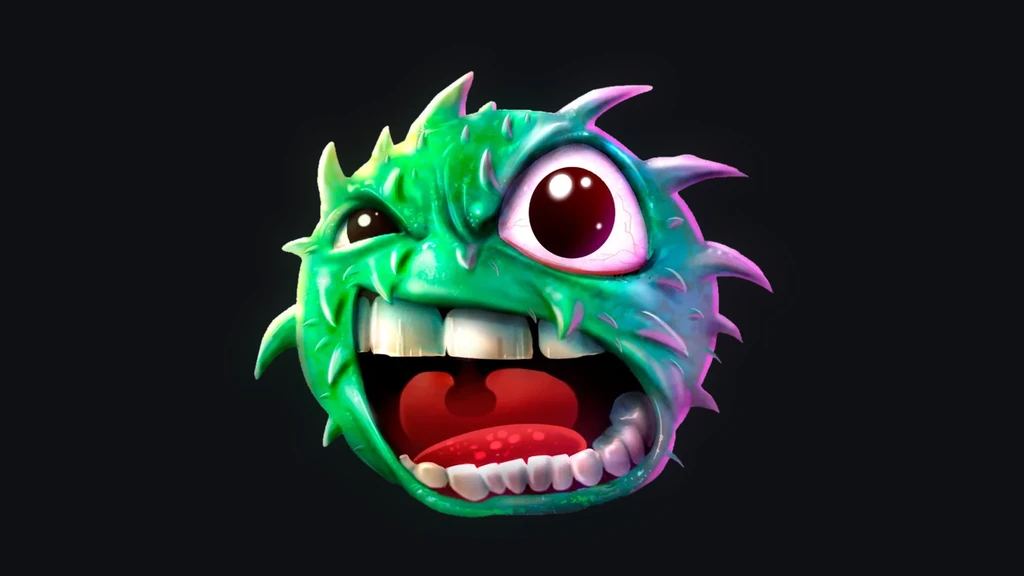 The castor bean from the MamonaShot mascot: green, one-eyed, mouth wide open