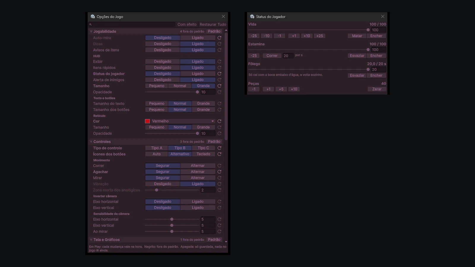 The editor panels: game options and player status
