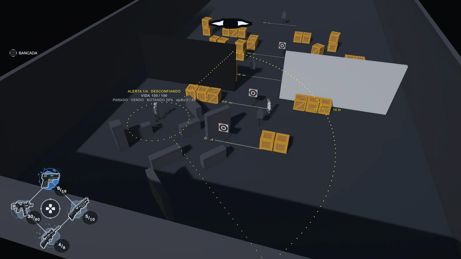 Top view of the range with debug on: the enemy's field of view on the floor and his state written above him