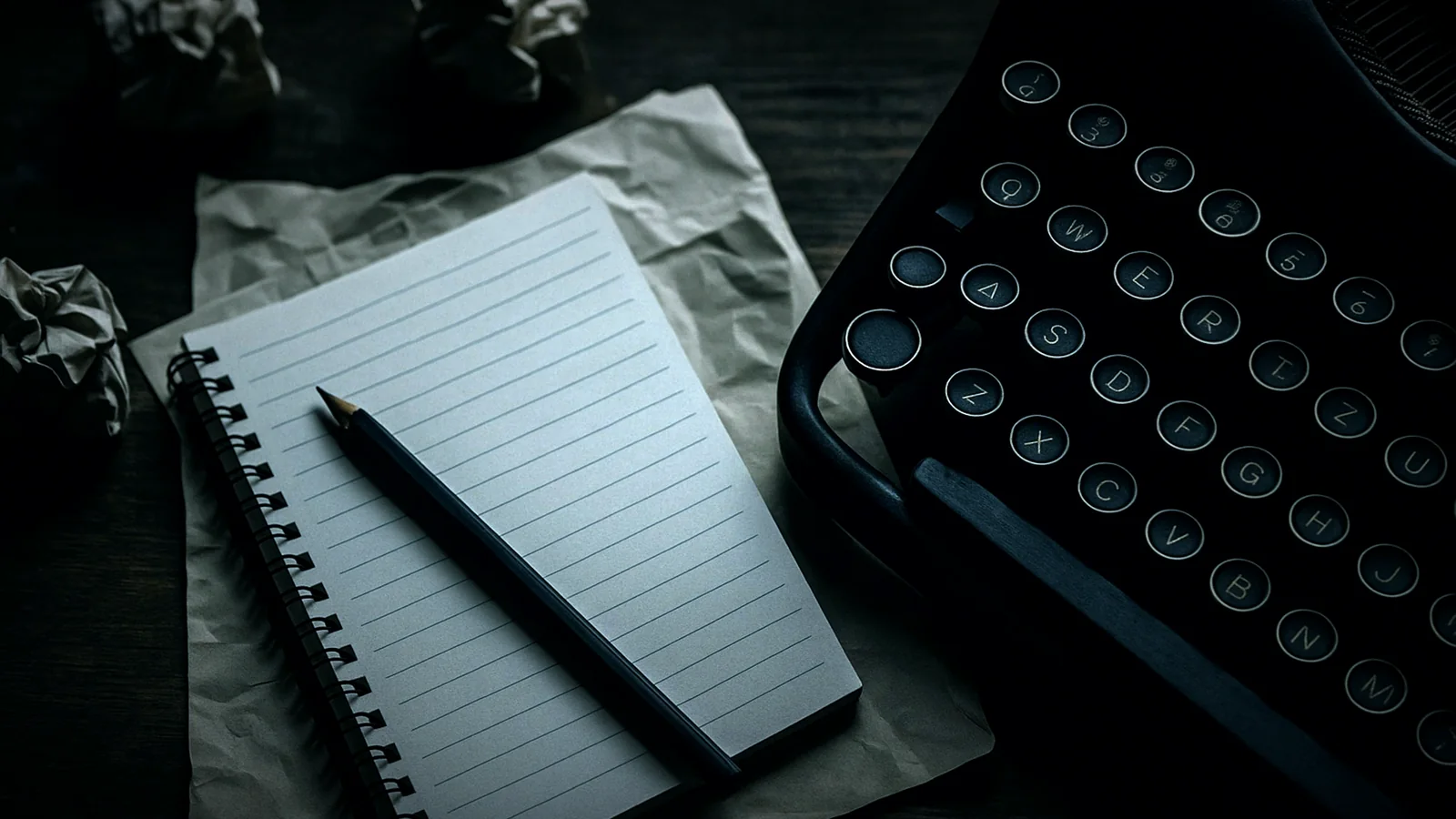 A typewriter next to a notepad with a pen and crumpled paper, in the dim light
