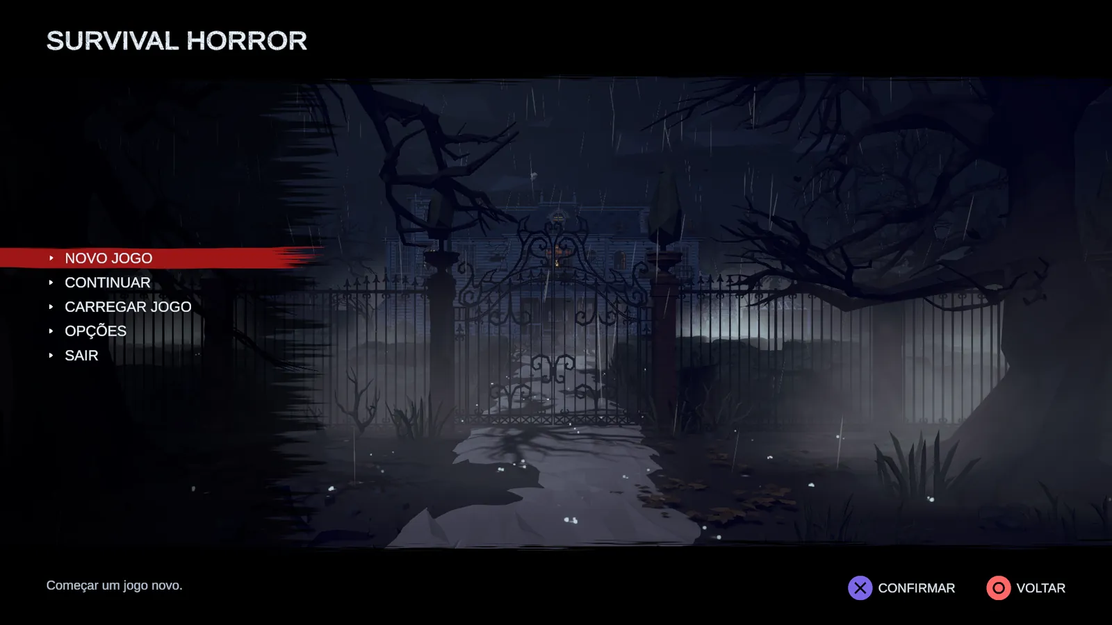 O menu principal do jogo, com a mansão sob chuva ao fundo.